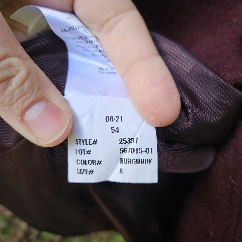 LRL Ralph Lauren wool blend single breasted mid-length coat burgundy size 8 - Picture 7 of 8